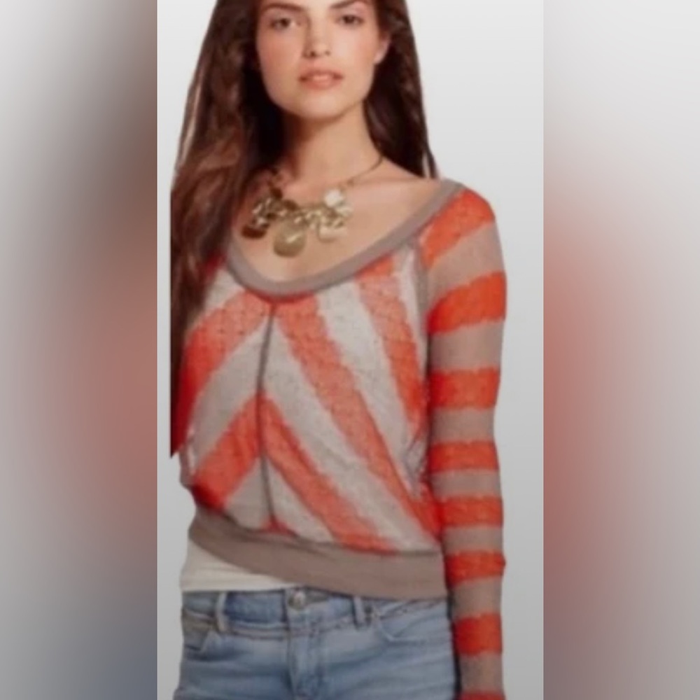 We the Free Free People Chevron Striped Semi-Sheer Light Sweater Orange & Tan M